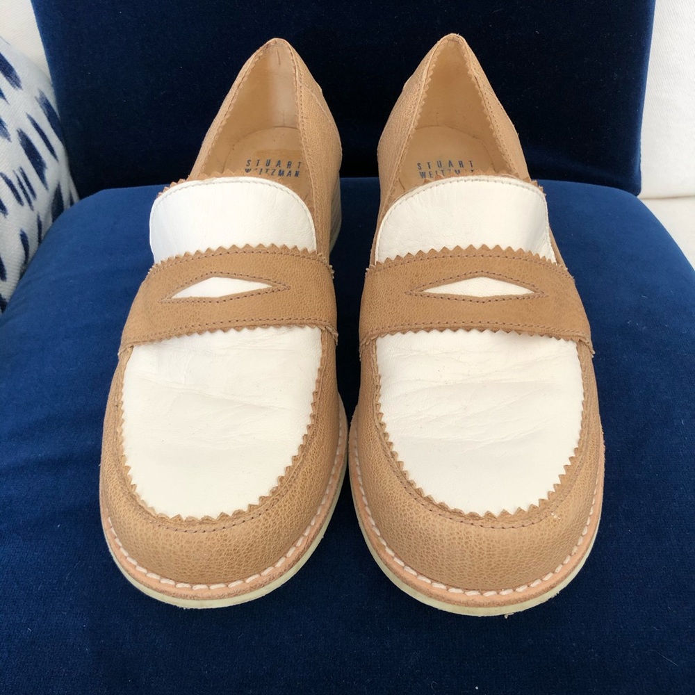 Stuart Weitzman leather spectator loafers.